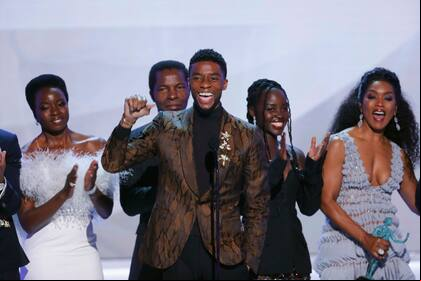 25th Screen Actors Guild Awards - Show - Los Angeles, California, U.S., January 27, 2019 - Cast member Chadwick Boseman speaks in front of the cast of Black Panther after the film won Outstanding Performance by a Cast in a Motion Picture. REUTERS/Mike Blake