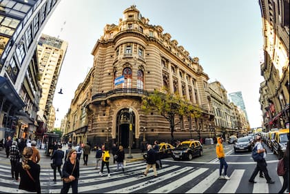 Ciudad Autonoma de Buenos Aires, Buenos Aires, Argentina - may 17 2019: People walking in front of centro naval between florida and cordoba street, Buenos Aires - Argentina