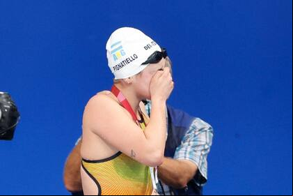 Delfina Pignatiello, al salir del agua en su última participación en Tokio 2020