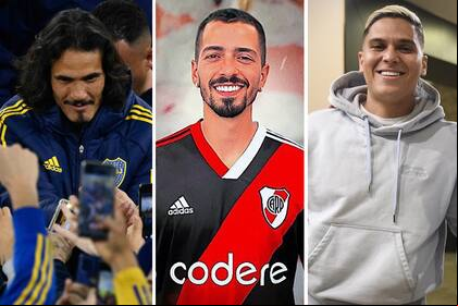 Edinson Cavani, Manuel Lanzini y Juan Fernando Quintero, las tres grandes figuras que acaba de importar el fútbol argentino vía Boca, River y Racing.