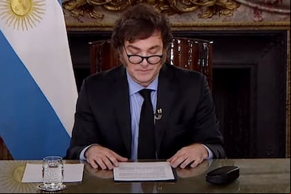 El presidente Javier Milei durante la cadena nacional