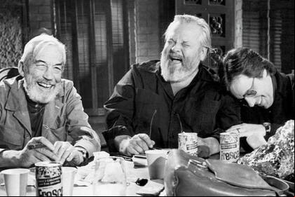 John Huston, aquí protagonista; Welles y Peter Bogdanovich, en un alto del rodaje del film