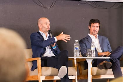 Juan Farinati, presidente y CEO de Bayer para la región y Juan Lariguet, presidente para la región Cono Sur de Corteva Agriscience, en Jonagro, la Jornada Nacional del Agro