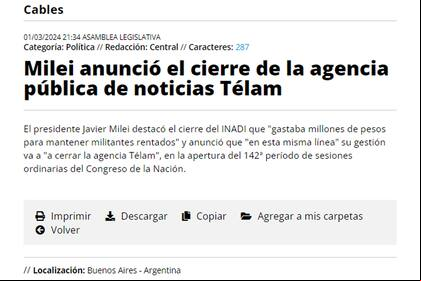 La agencia de noticias publicó su propio cierre, tras el anuncio del presidente Javier Milei