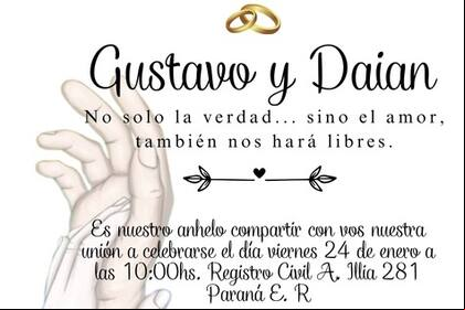 La invitación al casamiento de Gustavo Saavedra y Daian Castro