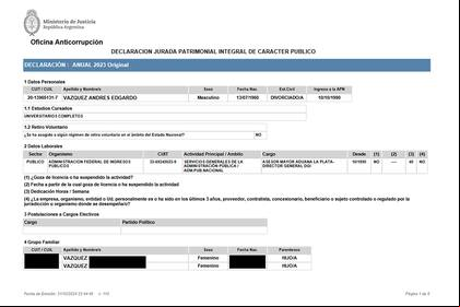 La última declaración jurada de bienes que Andrés Vázquez presentó ante la Oficina Anticorrupción