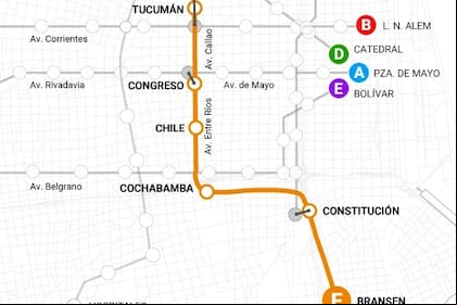 Las estaciones que se prevén para la traza total de la nueva línea F de subte