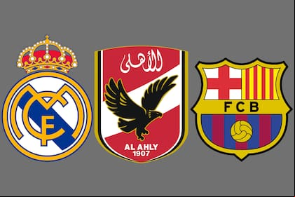 Los escudos de Real Madrid, Al-Ahly (Egipto) y Barcelona. Los tres están en el podio de campeones internacionales