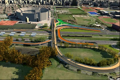Los nuevos carriles, senderos y retomes aparecen en la imagen en color naranja; así quedará el Puente de la Innovación