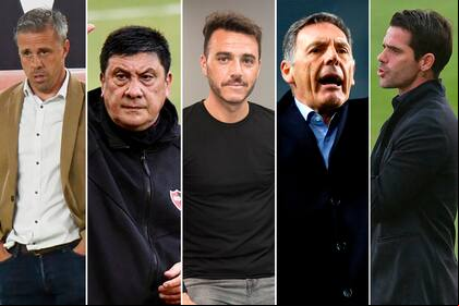 Lucas Pusineri, Germán Burgos, Mariano Soso, Miguel Russo y Fernando Gago, técnicos que tuvieron que dejar sus cargos en 2021; en el caso de Gago, encontró revancha en Racing