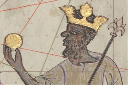 Mansa Musa I representado con corona y moneda de oro en el Atlas catalán o Mapamundi de los Cresques
