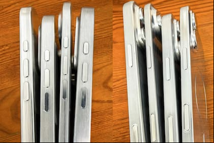 Maquetas de la generación iPhone 17 de Apple; de los cuatro, se destaca por su perfil delgado el iPhone 17 Air