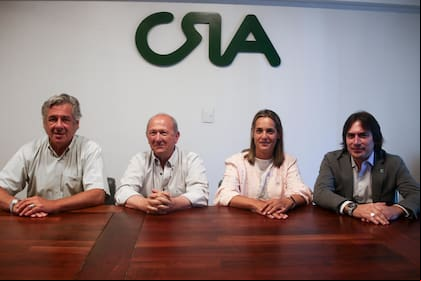 Nicolás Pino (SRA), Carlos Castagnani (CRA), Andrea Sarnari (Federación Agraria) y Lucas Magnano, (Coninagro) luego de la reunión que mantuvieron como Mesa de Enlace en la sede de CRA
