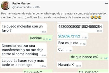 Pablo Mendivil, en su cuenta de Twitter, viralizó una conversación de WhatsApp que previno una estafa