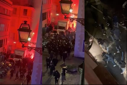 Tres momentos de la agresión de hinchas violentos de la Lazio a simpatizantes de la Real Sociedad española que habían viajado a Roma para el partido de este jueves entre ambos equipos por la Europa League