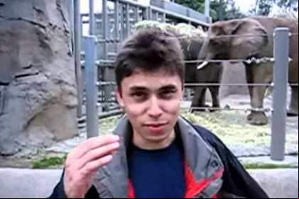 Uno de los creadores de YouTube, Jawed Karim, frente a los elefantes. Fuente: YouTube.